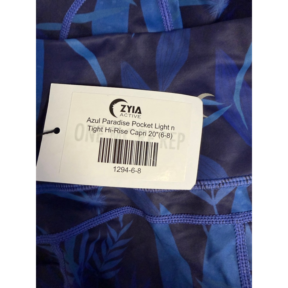 Women's ZYIA ACTIVE Blue Navy Tropical Print Hi-Rise Capri Leggings SZ 6-8 New - Picture 4 of 16
